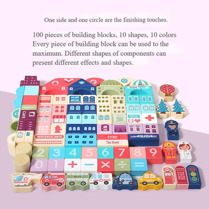 Colorful Wooden 120-Piece 1:32 Scale Construction Toy Building Blocks Set for Kids 5-7 Years Educational Model Modern Buildings