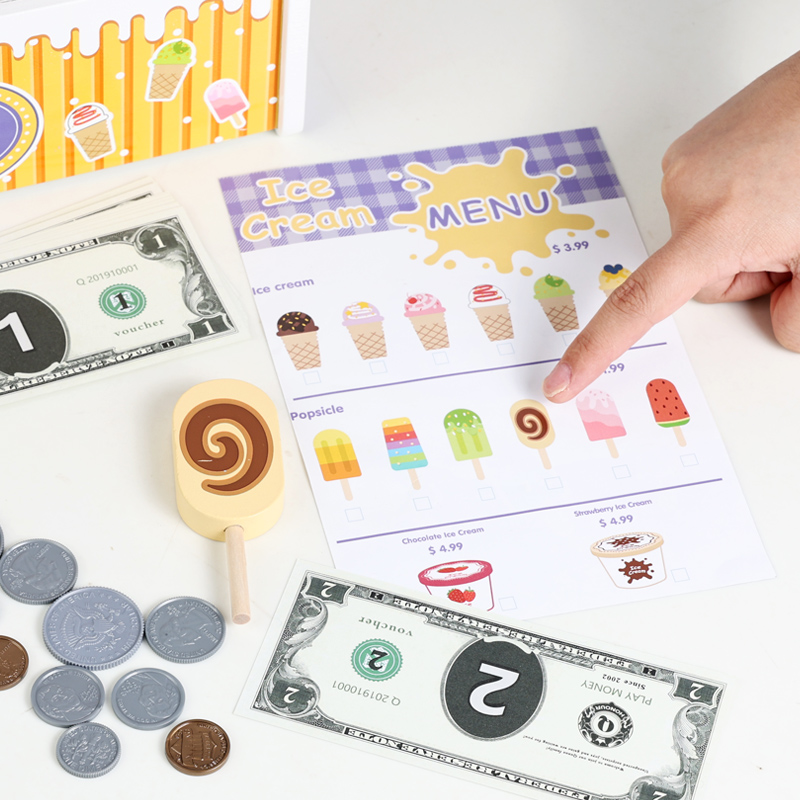Montessori Wooden Ice Cream Shop Pretend Play Set Dessert Stand with Cones Cash Coins Educational Toy for Boys Girls