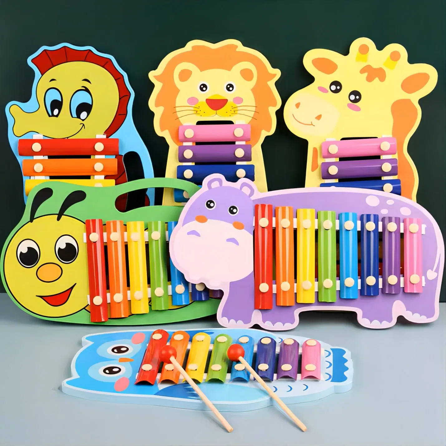 Kids Educational Hand Knocking Piano 8 Tones Musical Instruments Cartoon Animals Wood Xylophone Toy