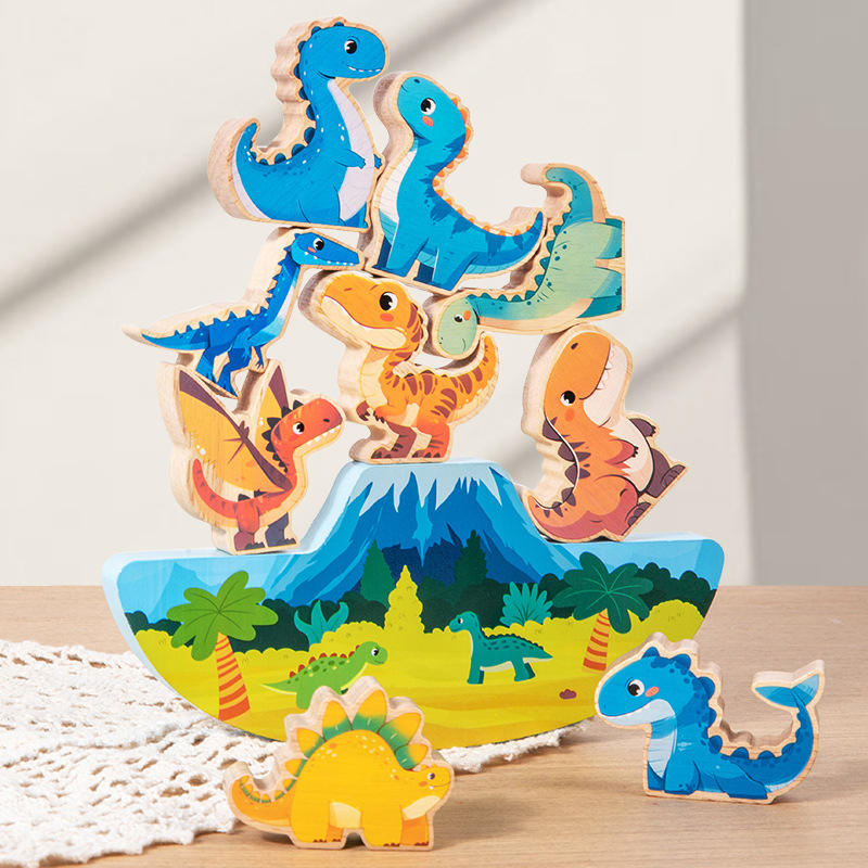 AiJH Children's Wooden Block Set Dinosaur Themed Early Education Animal Balance Building Block Toys Factory Direct Sale