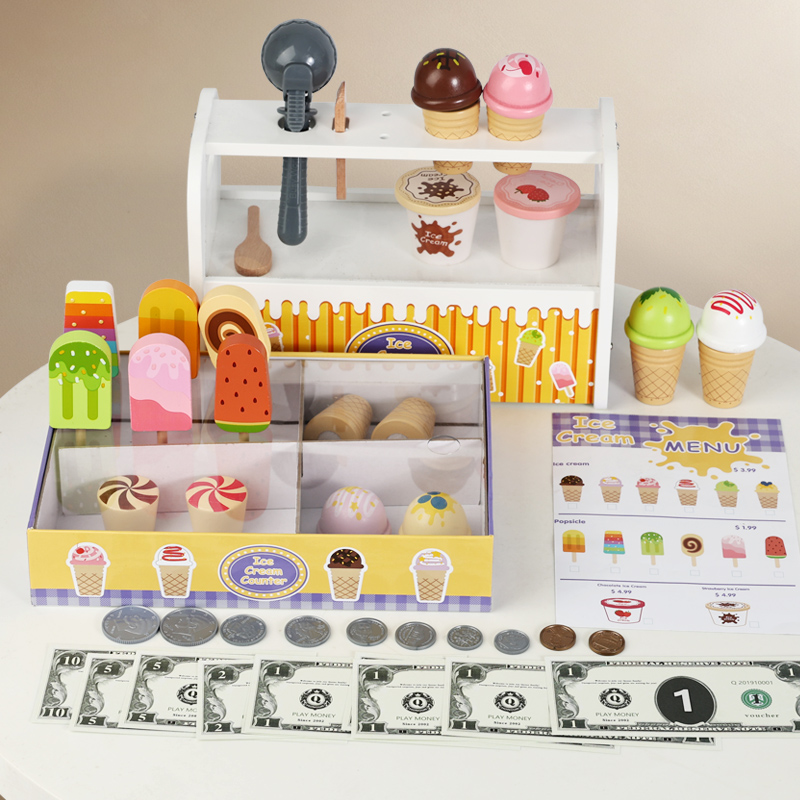 Montessori Wooden Ice Cream Shop Pretend Play Set Dessert Stand with Cones Cash Coins Educational Toy for Boys Girls