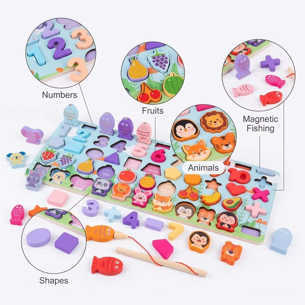 Wooden Multifunction Fishing Puzzle Board Educational Number Shape Matching Sorting Toy For Toddlers Preschool Learning Activity