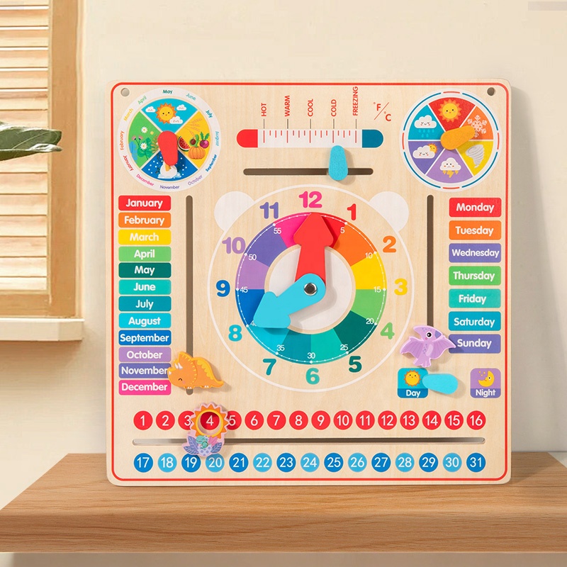 StarQmi Montessori 7-in-1 Eco-friendly Wooden Daily Calendar Clock Toy Preschool Learning Board Weather Season&amp;Time Educational