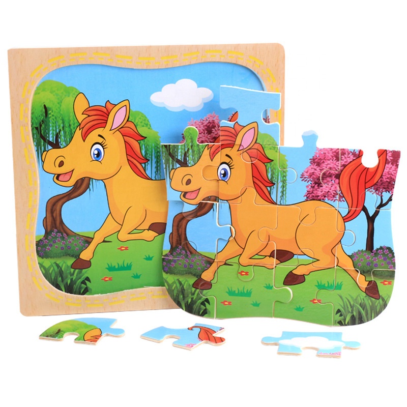 16 Pcs Montessori Educational Wooden Toys for Children Kids Exercise Teaching Aids Early Learning Cartoon Puzzle