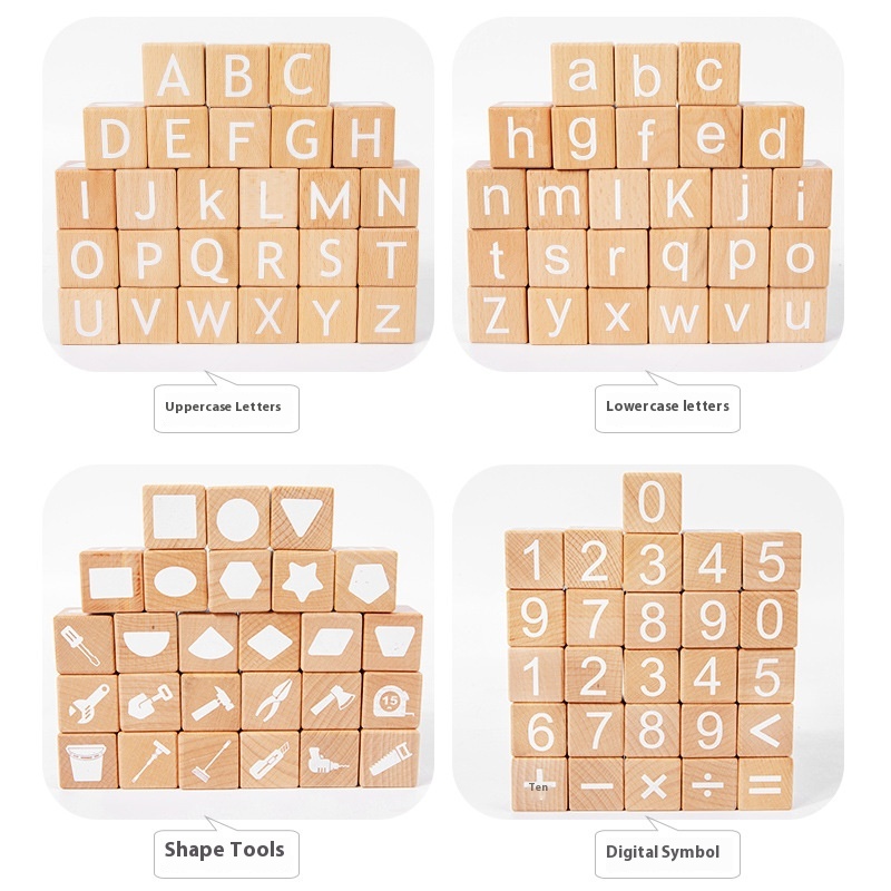Large ABC Letter Number Building Blocks Eco-Friendly Beech Wood Infants' Cognitive Early Education Enlightenment Toy Square Icon