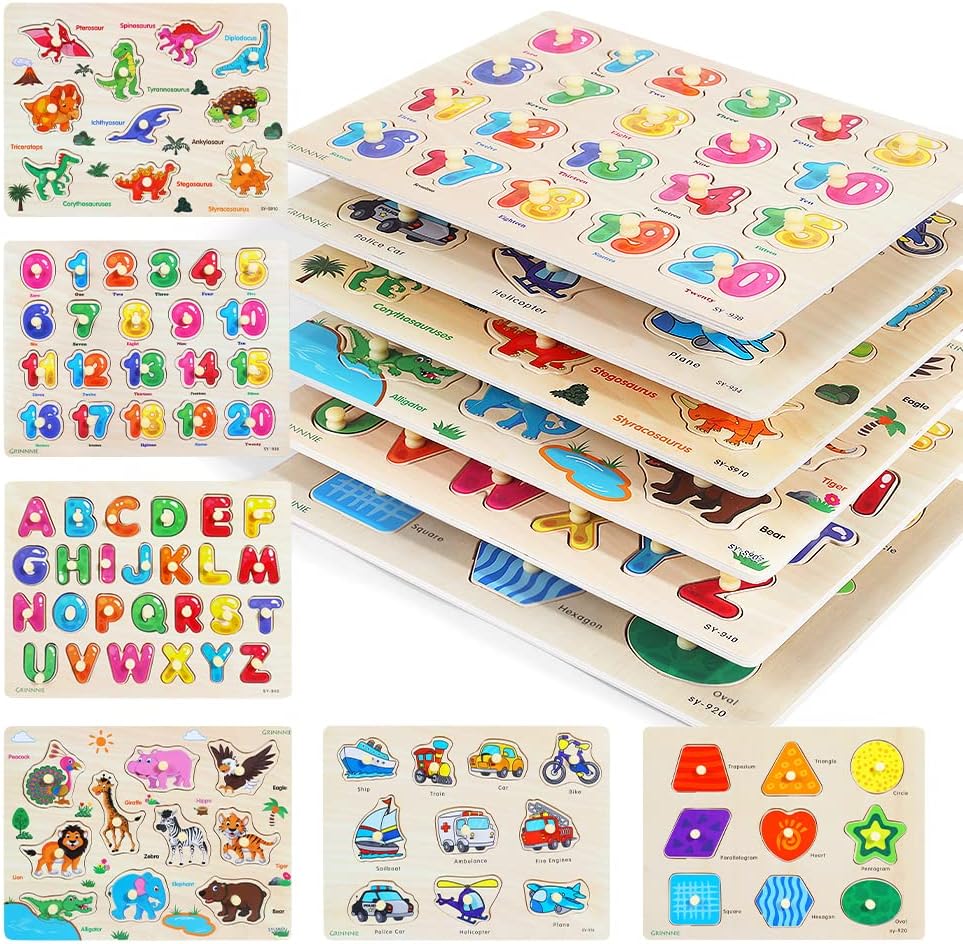 75 Design Custom Alphabet Number Animal Learning Jigsaw Wooden Peg Puzzle Board Montessori Educational Toys for Toddlers Kids