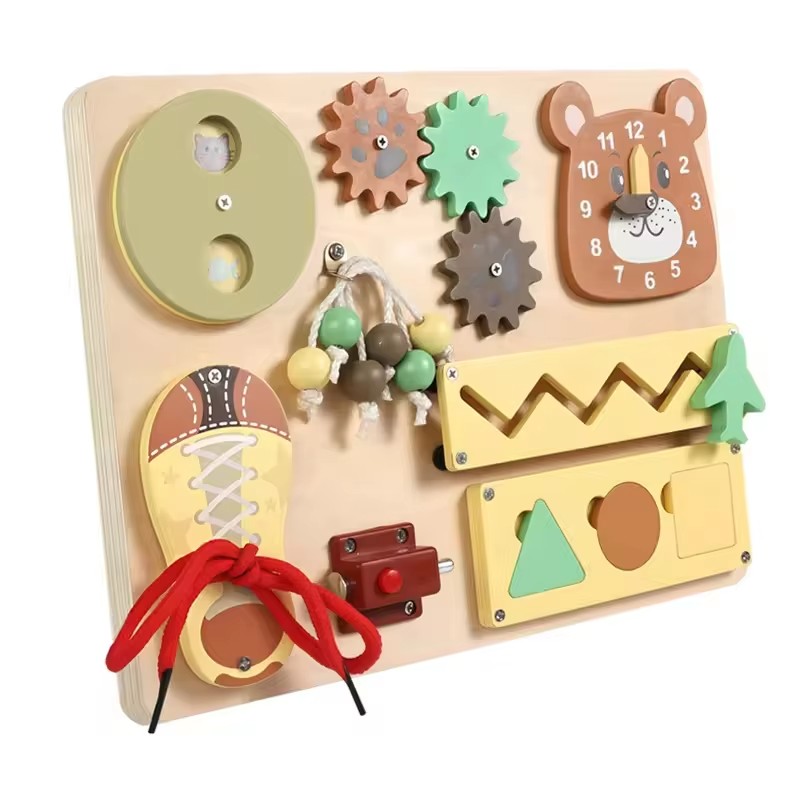 Montessori Early Education Wooden Busy Board Beading Set Hand-Eye Coordination Training Gear Matching Toy for Toddlers Gift