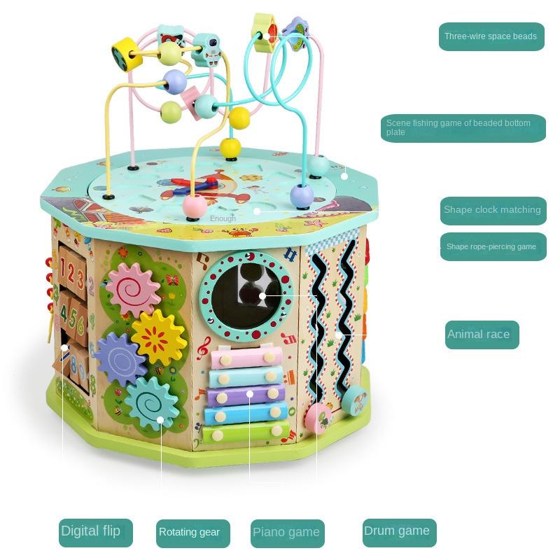 Crystal Multi-Functional Wooden Treasure Box Activity Cube Montessori Educational Bead Maze Busy Board Toy for 3-5 Year Olds