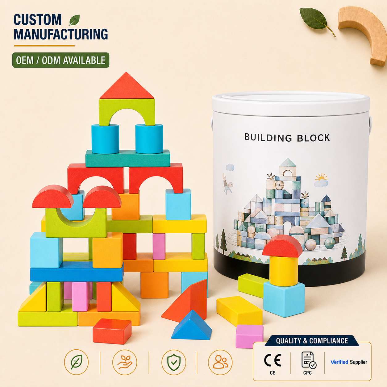 100PCS Wooden Blocks Set Custom OEM, Colorful Montessori Stacking Bricks Construction Toy with Bucket for Preschool Play