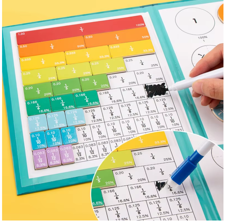 Wooden Fraction Puzzle Magnetic Book Kids Math Learning Toys