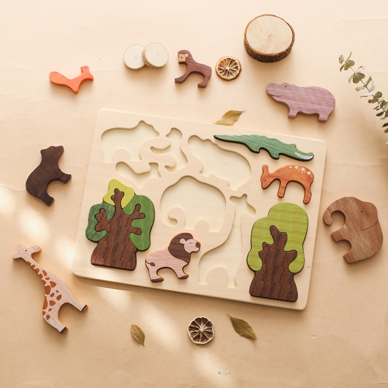 Custom Baby Early Education Wooden Forest Animal Jigsaw Montessori Puzzle Educational Toy for Kids Children Wholesale