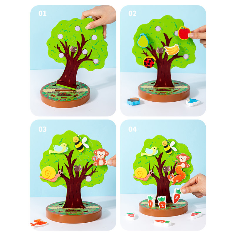 Montessori Early Education 3D Wooden Toys Creative Animal Fruit Felt Sticker Tree Toy Toddlers 7-12 Months Fine Motor Skill