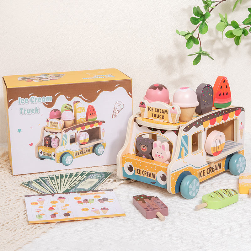 Kids Wooden Simulation Ice Cream Shop Pretend Play Accessories Set Early Learning Educational Role Play Toy for Boys Girls