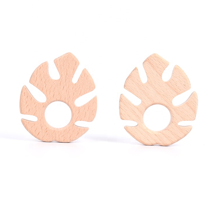 Wholesale Custom Natural Beech Wood Leaf Shape Baby Teethers Sensory Baby Toys Wooden Teether