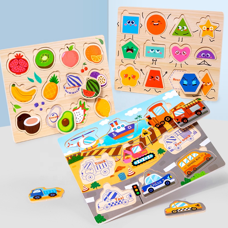 Wooden Puzzle Toy Animal Fruit Shape Jigsaw Kids Montessori Toy Early Learning Educational Cognitive Matching Board for Toddlers