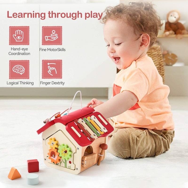 Montessori Early Education Eco-friendly Wooden Activity Cube for 5 to 7 Years Sensory Toy and Fine Motor Skills Development