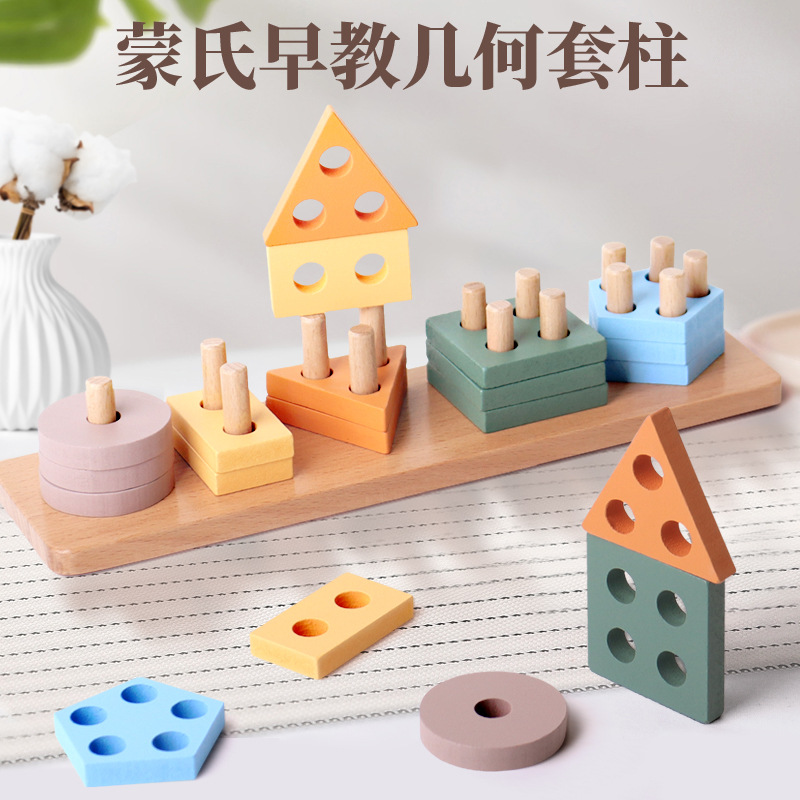 Children Montessori Educational Five Column Wooden Toy Geometrical Shape Sorting Building Blocks Matching Toy Kids Wooden Toys
