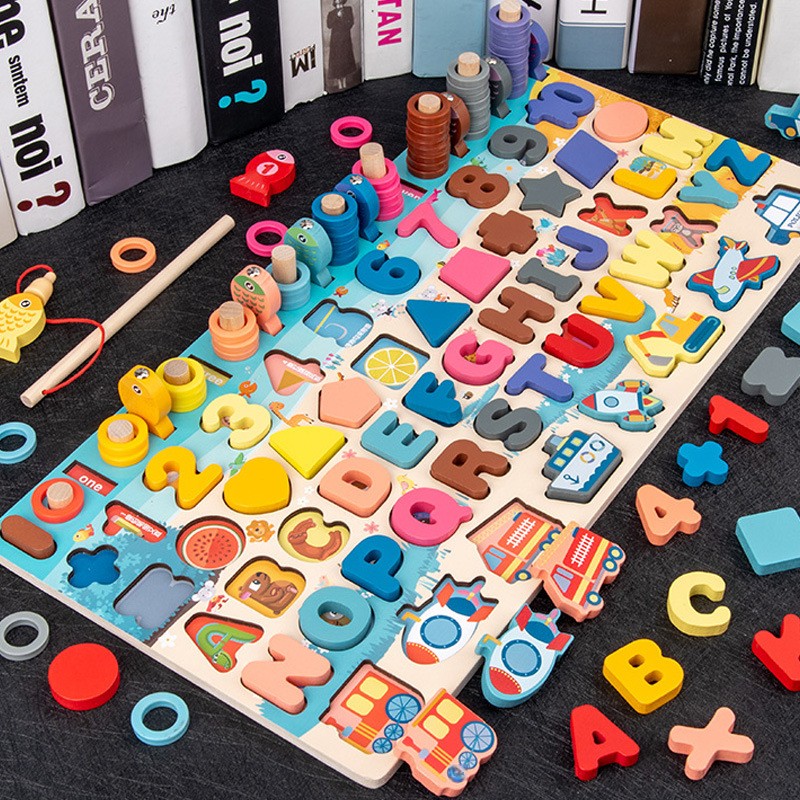 Custom Logo Wooden 3D Number Alphabet Puzzle Board Montessori Educational Toy Counting Matching Game for Kids Ages 2-13