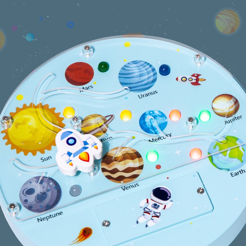 Solar System Busy Board for Toddler, Montessori Wooden Sensory Toys with LED Light, Kids Best Gift for Christmas &amp; Birthday