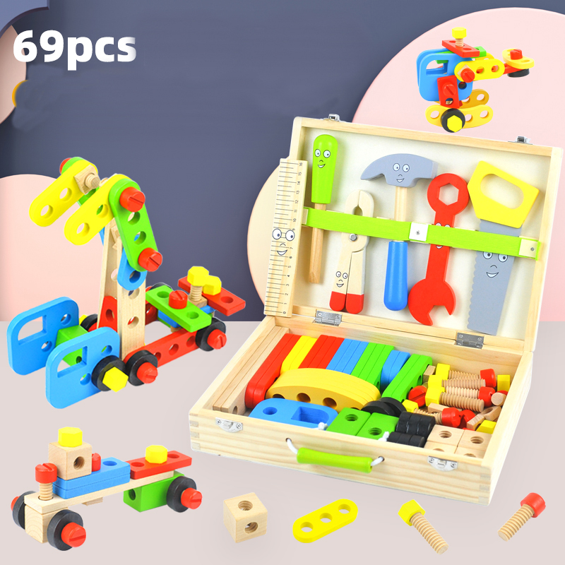 CPC/CE Wooden Toddler Tools Set Including Tool Box &amp; DIY Stickers, 69pcs Montessori Educational STEM Construction Toys
