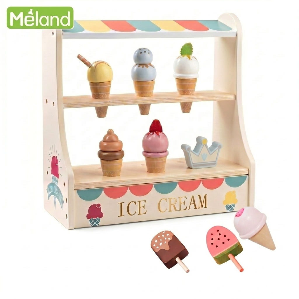 Wooden Ice Cream Shop Set Educational Role Play Pretend Play Toy Custom Logo for Kids