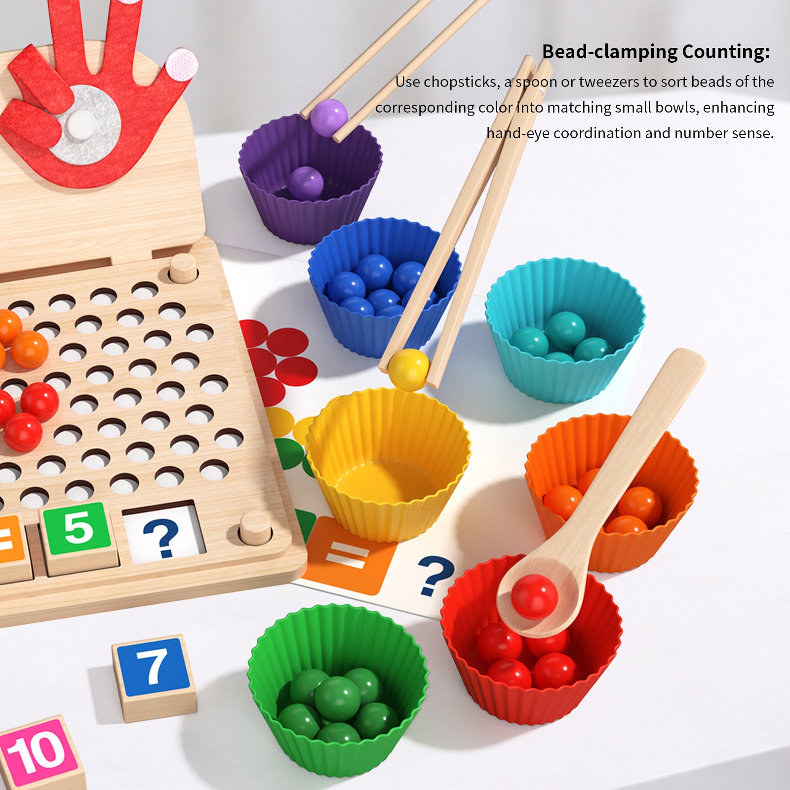 Montessori Wooden Math Board for Toddlers, Counting Bead Game with Number Blocks and Arithmetic Flashcards, STEM Educational Toy