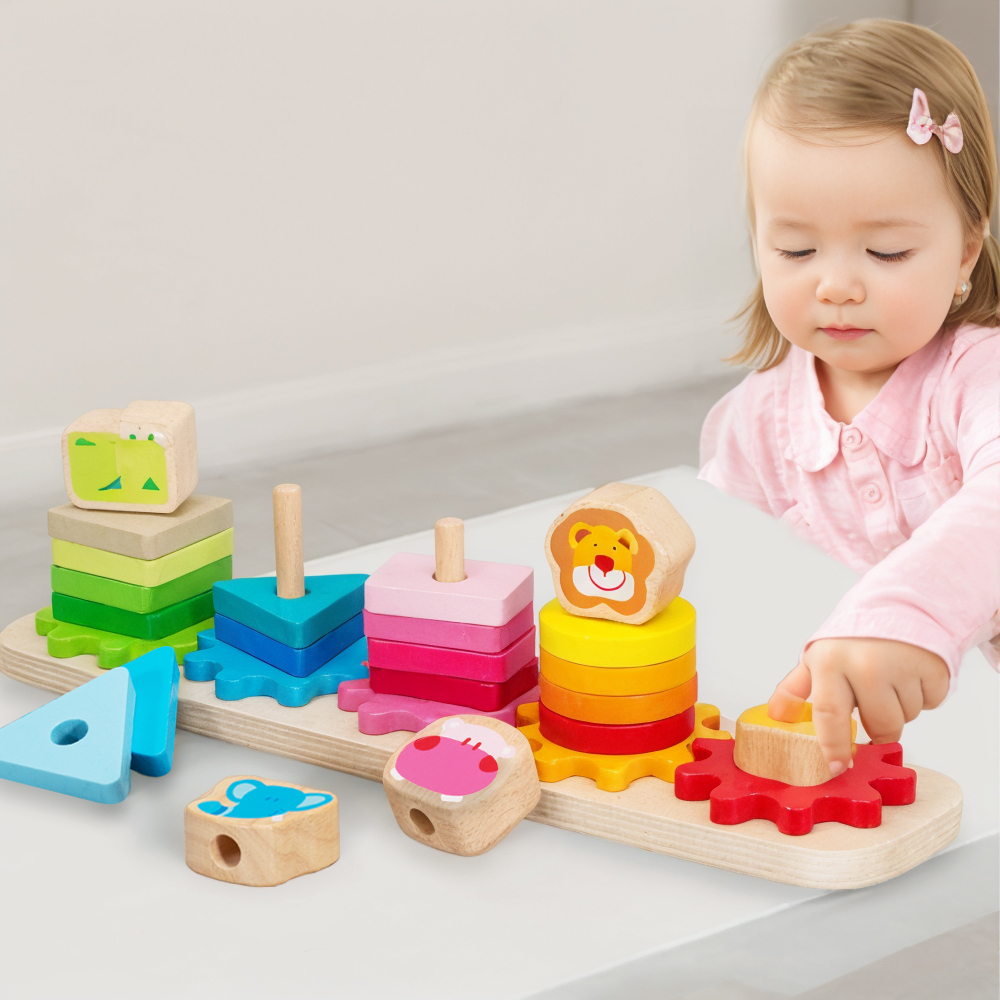 Montessori Wooden Sensory Toys for Kids 1-2 Years Educational Gear Shape Sorting Stacker