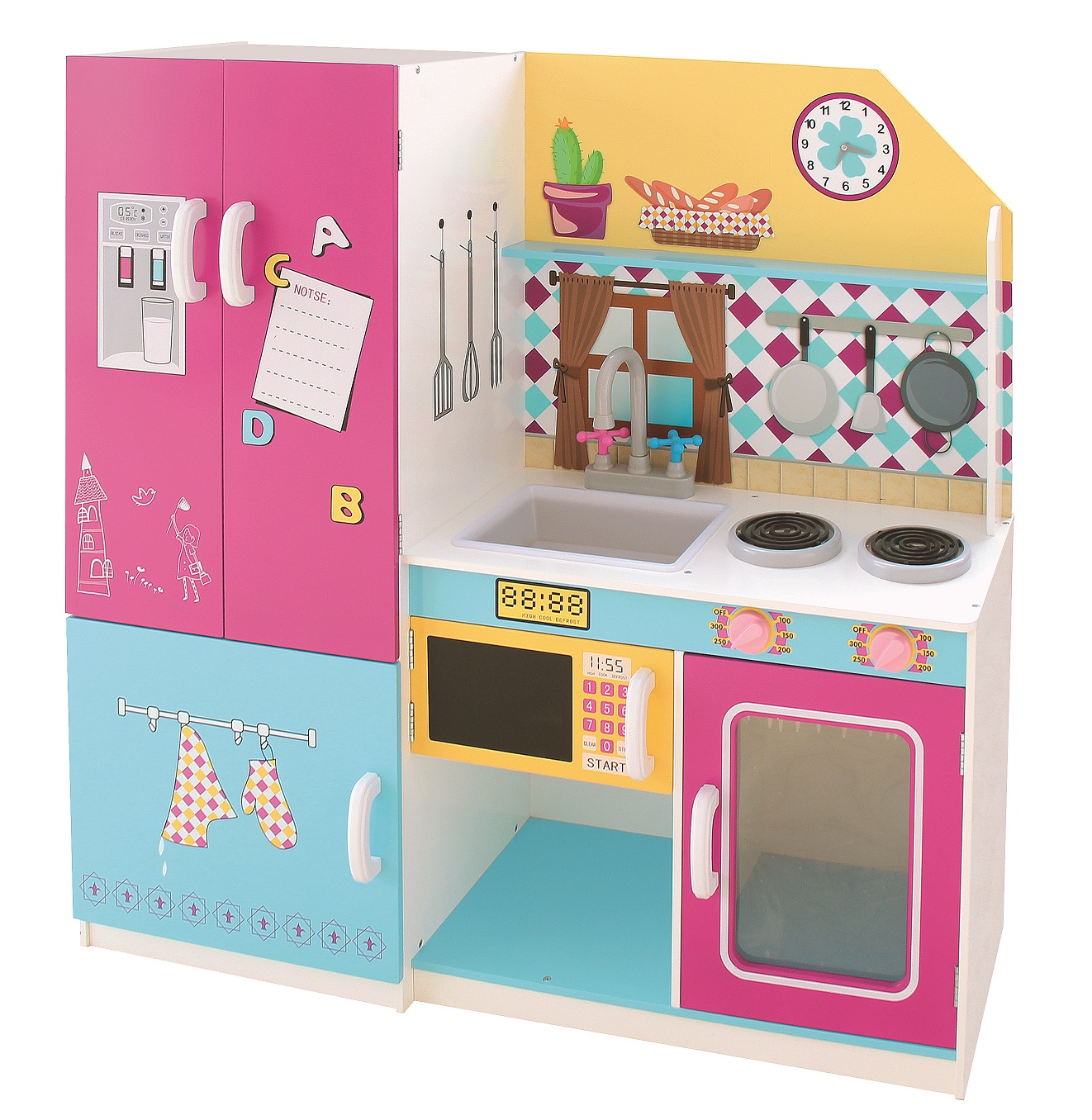 Modular Portable Wooden Play Kitchen for Kids, Pink Pretend Furniture Set with Multiple Appliances Storage Role Play Toy