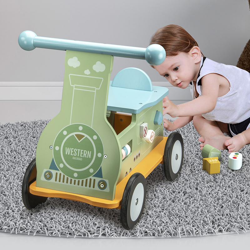 Kids Wooden Toddler Toys, Wooden Baby Four-wheel Riding, Learning and Walking Toys with Abacus and Shape Sorter