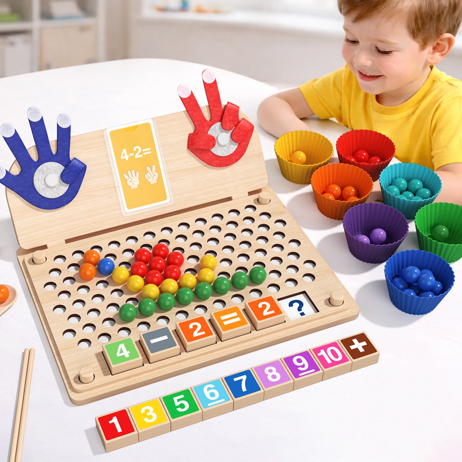 Montessori Wooden Math Board for Toddlers, Counting Bead Game with Number Blocks and Arithmetic Flashcards, STEM Educational Toy
