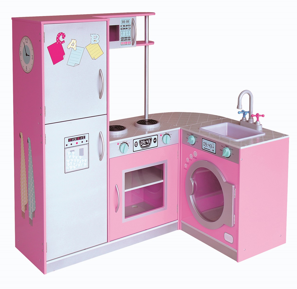 Modular Portable Wooden Play Kitchen for Kids, Pink Pretend Furniture Set with Multiple Appliances Storage Role Play Toy