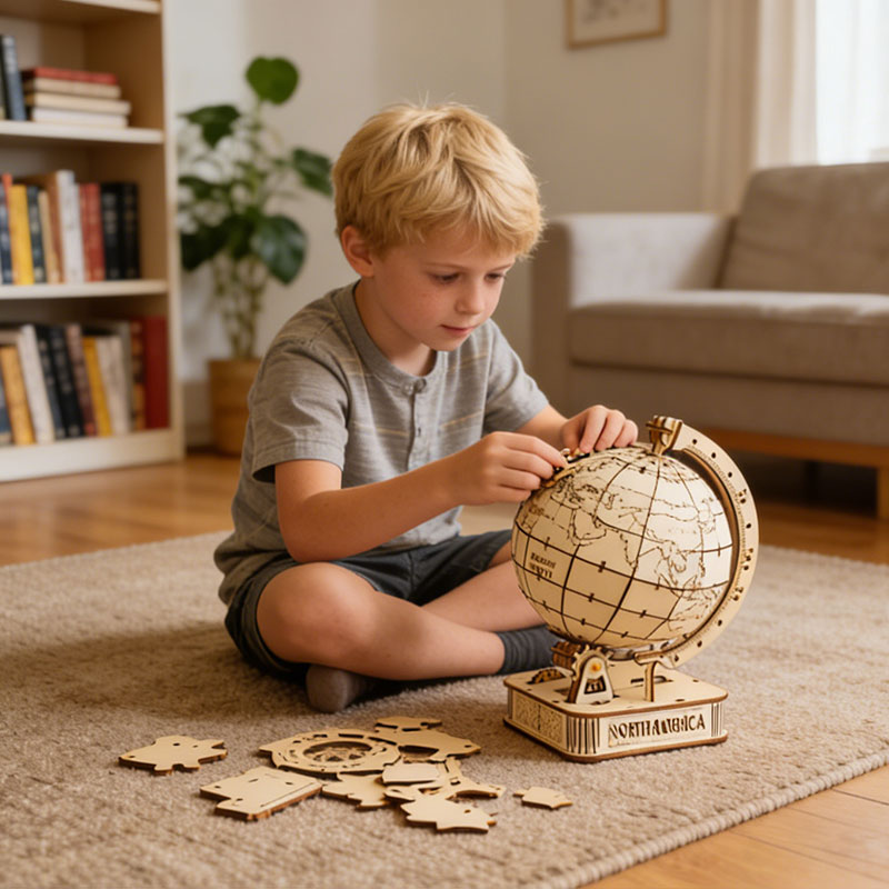 Custom Hot New Creative Brain Teaser Rotating World Globe 3d Wooden Educational Puzzle for Kid Adult Desk Ornament Diy Craft Toy