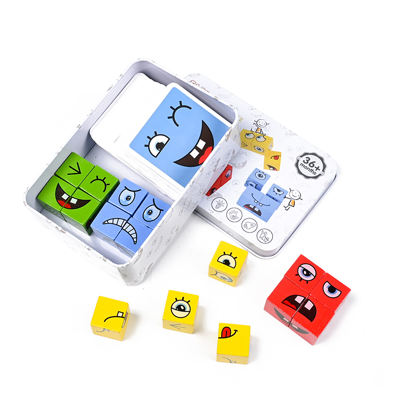 Montessori Wooden Kids Games Children's Face Changing Cube Pairing Puzzle Education Table Parent-child Battle Game Toy for Girls