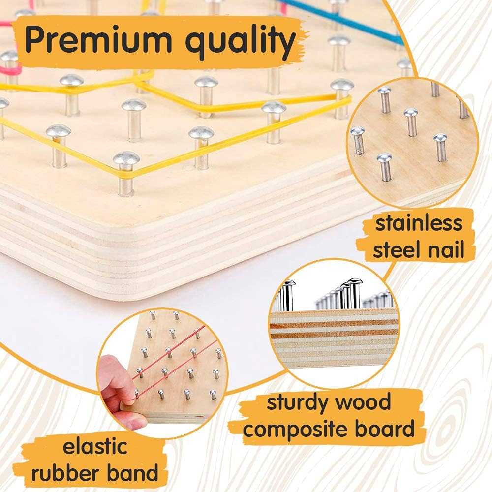 Wooden Geoboard Montessori Toy for 3-5 Year Old Kids Toddlers Educational STEM Brain Teaser 30 Pattern Cards 40 Rubber Bands