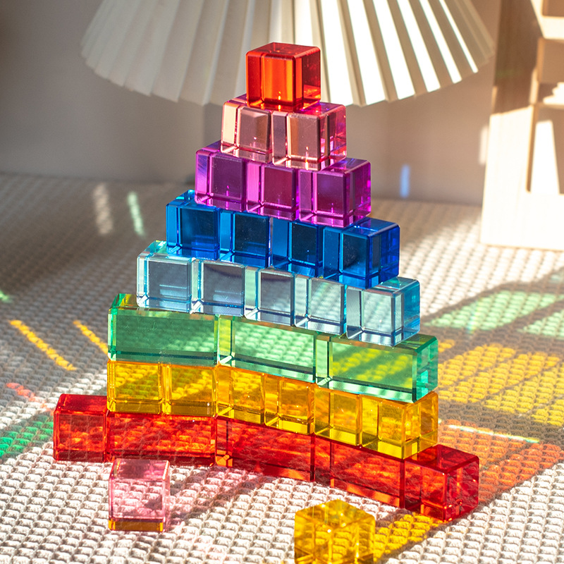 JET Montessori Toys Acrylic High-transparency Building Blocks Cube Shaped Rainbow Wooden Blocks Stacking Toys Educational Toys