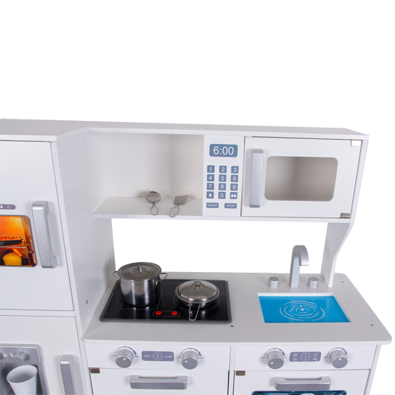 2025 New Style Large Wooden Kitchen Play Set with Light Sound White Refrigerator Modern Luxury Design Unisex for Kids Ages 5-13