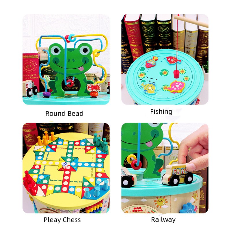 Wooden Baby Multi-functional Frog Treasure Chest Busy Box With Musi Montessori Educational Activity Learning Cube Toys for Kids