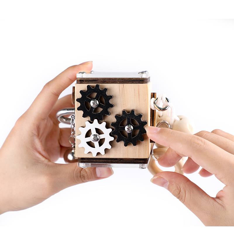 EDUsense Multi-Function Montessori Wooden Toys Nature Wood Sensory Busy Cube Travel Activity Cube Busy Board