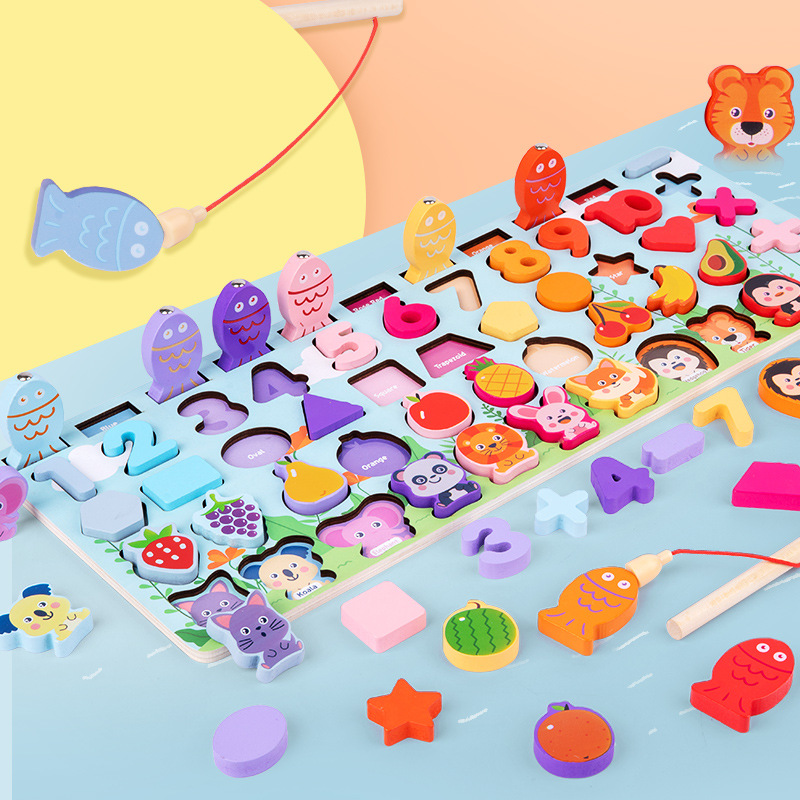 Wooden Multifunction Fishing Puzzle Board Educational Number Shape Matching Sorting Toy For Toddlers Preschool Learning Activity