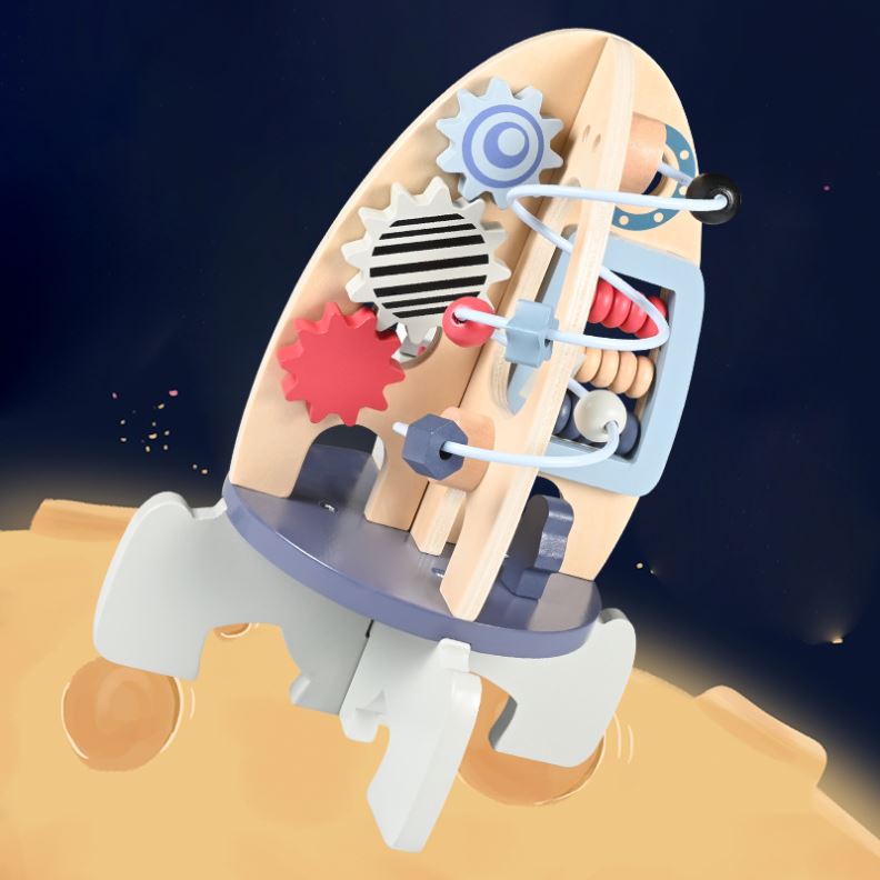 Stem Developmental Birthday Gifts Baby Space Model Toy Rocket Bead Maze Wooden Toys Activity Cube