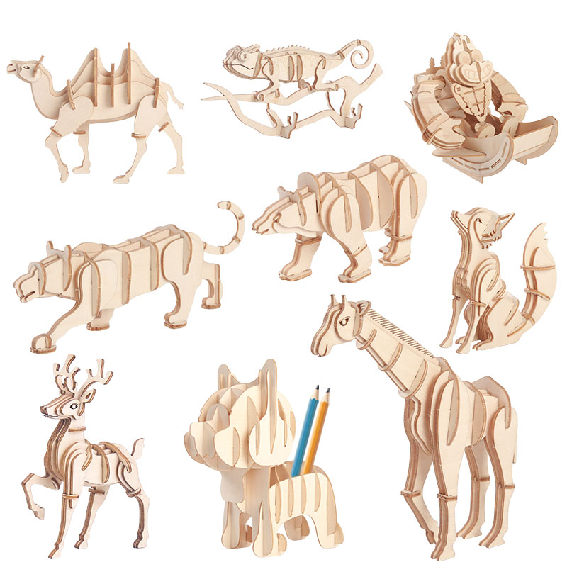 Wooden 3D Puzzle Educational Toys Unique Shaped Simple Jigsaw Puzzles fox Animal Dinosaur Shape for Kids DIY Games
