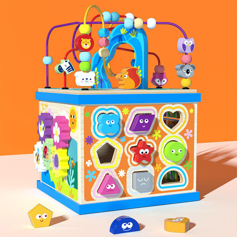 Multifunction Wooden Animal Activity Cube Beaded Maze Gear Shape Matching Letter Recognition Game