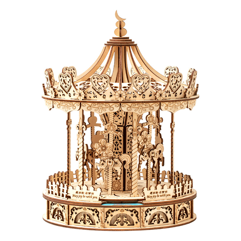 Cross-border Hot Selling 3D Three-Dimensional Wooden Merry-Go-Round Jigsaw Puzzle with Flash Music 50 Pieces Custom DIY Toy Gift