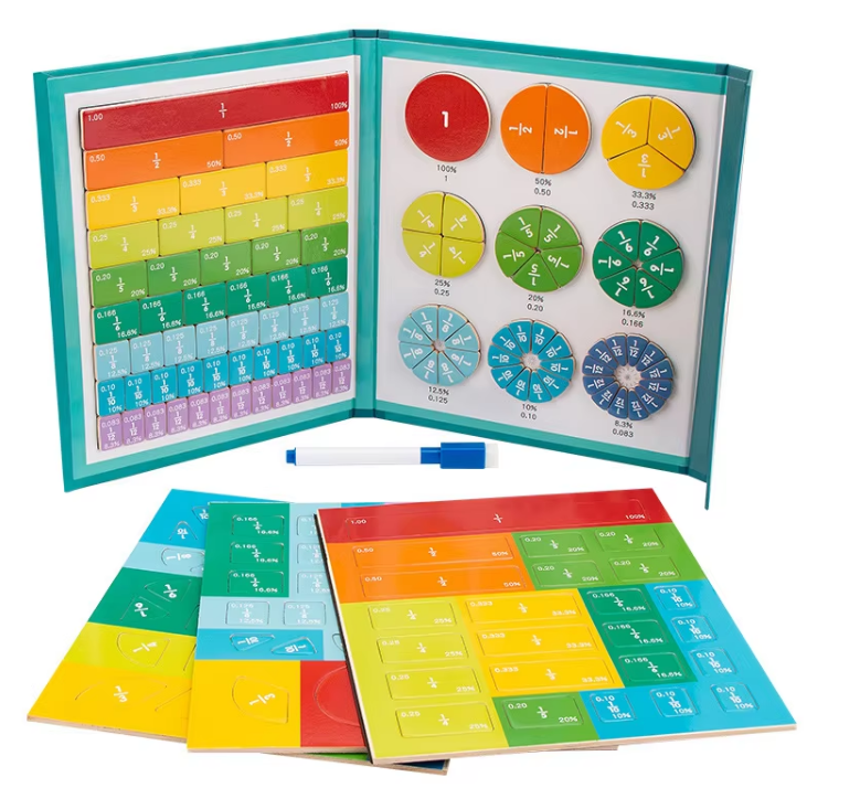 Wooden Fraction Puzzle Magnetic Book Kids Math Learning Toys