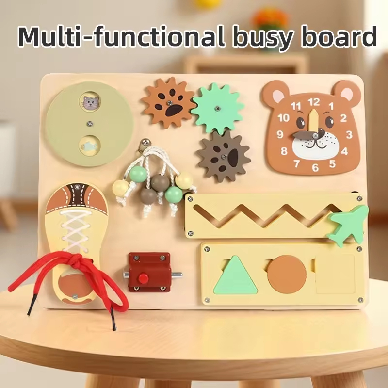 Montessori Early Education Wooden Busy Board Beading Set Hand-Eye Coordination Training Gear Matching Toy for Toddlers Gift