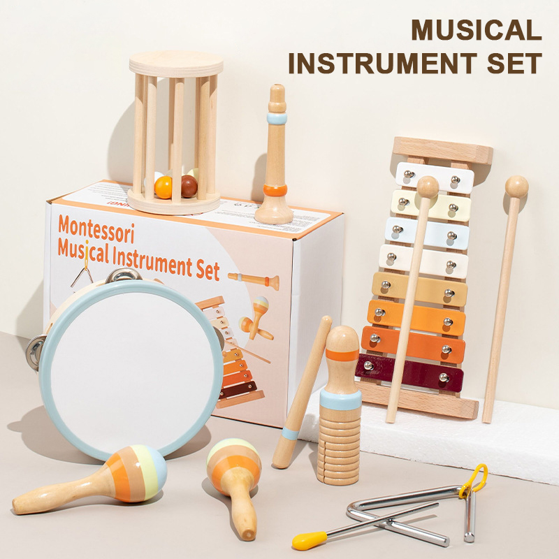 Baby Wooden Music Toy with 11-Piece Drum and Bell Educational Musical Instruments