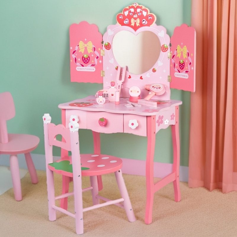 Custom Wooden Simulation Dressing Table Pretend Play Toys Kids Role Play Fun Dressing Table Toy Set with Jewelry Box