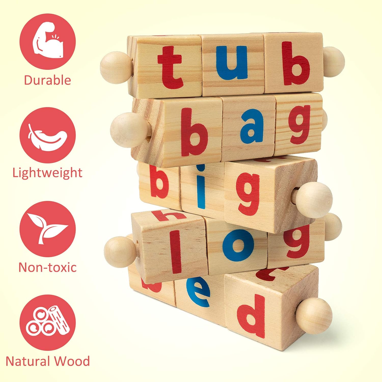 Crystal Wooden Reading Blocks Short Vowel Rods Spelling Games Flash Cards Turning Letter Puzzle Montessori Alphabet Toy