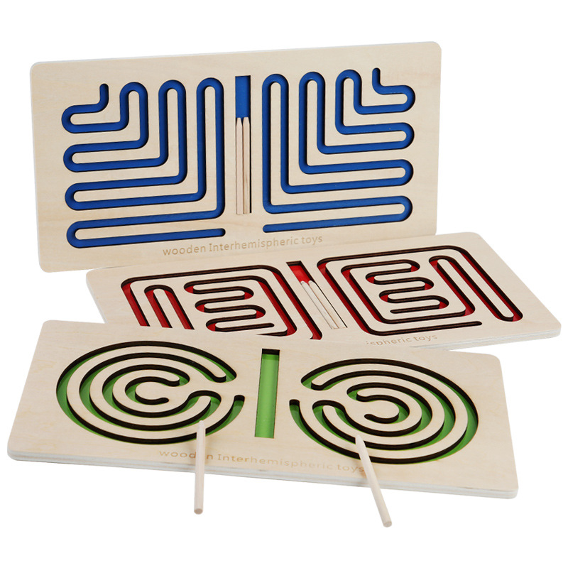 Left/Right Brain Development Pen Tracing Board, Montessori Wooden Toy for Kids, Hand Brain Coordination Educational Table Game