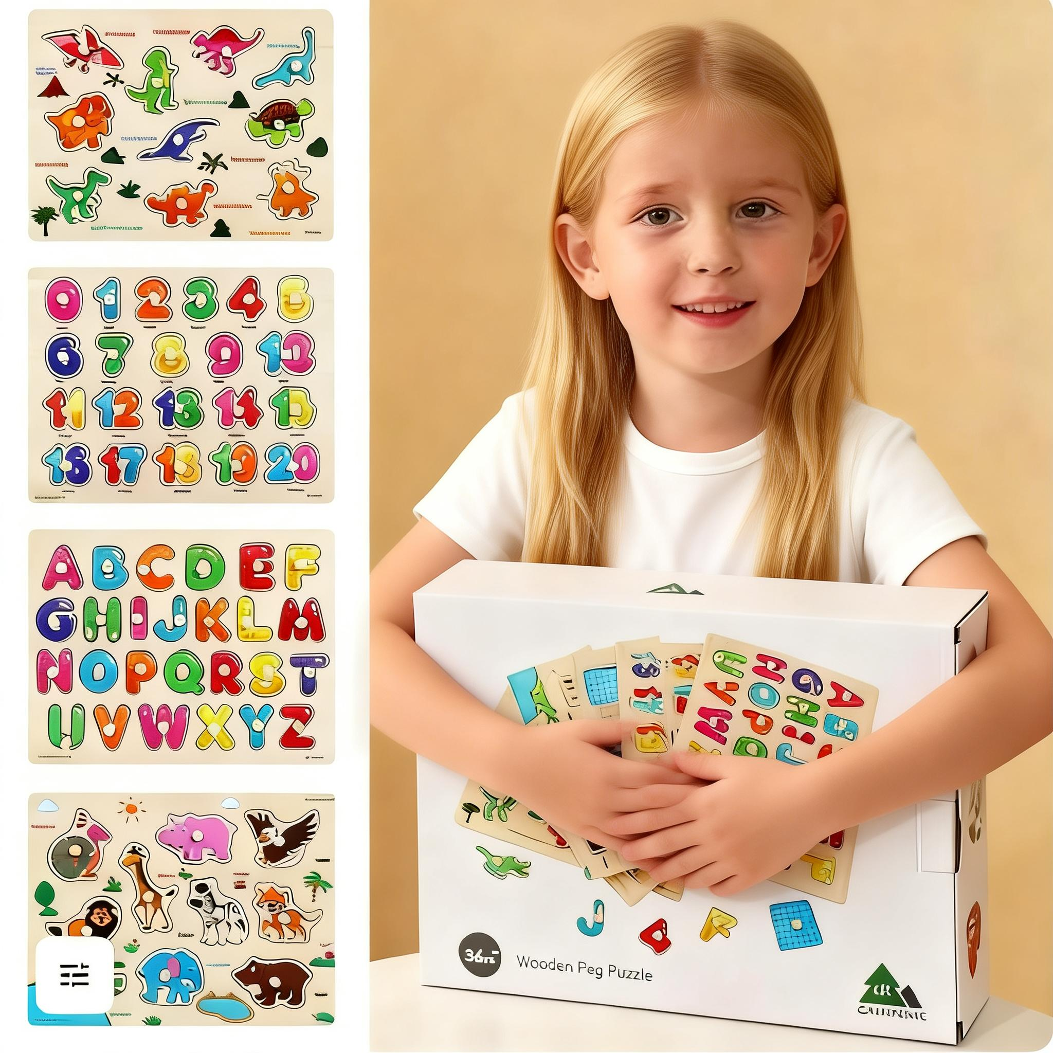 Preschool Alphabet Number Animal Hand Grab Wooden Puzzle Board Sensory Learning Developmental Toys for Baby Kids Early Education